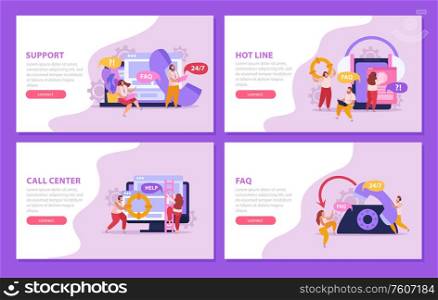 Online support service horizontal banners set with call center workers isolated vector illustration
