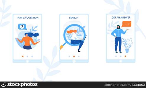 Online Support Service. Mobile Social Stories Set. Advice Idea, Help and Assistance. Webpages with Lettering Have Question, Search, Get Answer. Vector Flat Cartoon People on Pone Screen Illustration. Online Support Service Mobile Social Stories Set