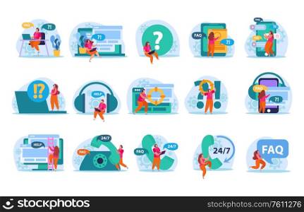 Online support service operators chatting with customers flat icons set isolated vector illustration