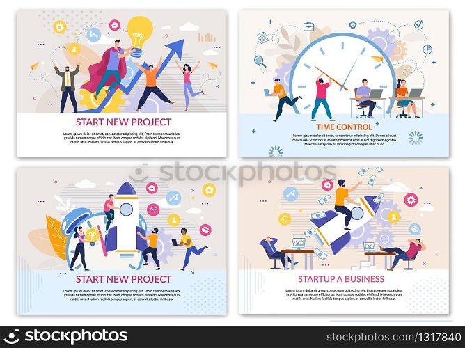 Online Support Services for Business Startupers. Effective Time Management Control. Creation Start New Profitable Projects. Company Personal Development. Flat Landing Page Set. Vector Illustration. Services Landing Page Set for Business Startupers
