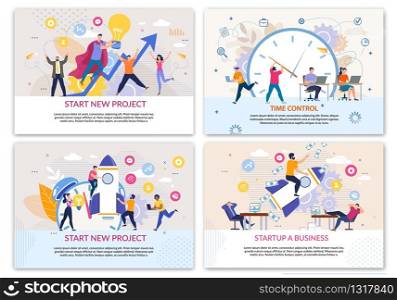 Online Support Services for Business Startupers. Effective Time Management Control. Creation Start New Profitable Projects. Company Personal Development. Flat Landing Page Set. Vector Illustration. Services Landing Page Set for Business Startupers