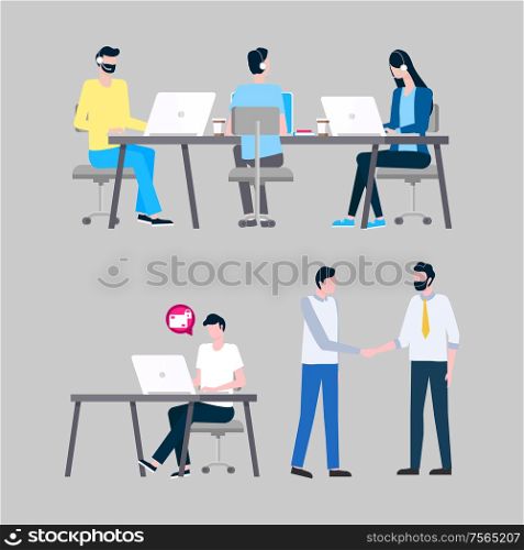 Online support workers at laptops with headphones vector. Internet informative aid, operators answering calls at desktops, men and woman isolated icons. Online Support Workers at Laptops with Headphones