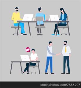 Online support workers at laptops with headphones vector. Internet informative aid, operators answering calls at desktops, men and woman isolated icons. Online Support Workers at Laptops with Headphones