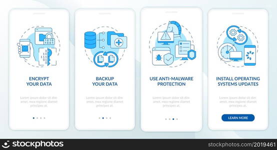 Online surfing safety tips onboarding mobile app page screen. Data protection walkthrough four steps graphic instructions with concepts. UI, UX, GUI vector template with linear color illustrations. Online surfing safety tips onboarding mobile app page screen