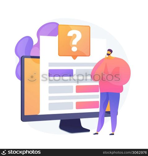 Online survey analysis. Electronic data collection, digital research tool, computerized study. Analyst considering feedback results, analysing info. Vector isolated concept metaphor illustration. Online survey vector concept metaphor