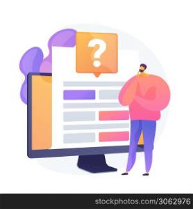 Online survey analysis. Electronic data collection, digital research tool, computerized study. Analyst considering feedback results, analysing info. Vector isolated concept metaphor illustration. Online survey vector concept metaphor