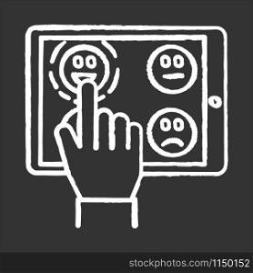 Online survey chalk icon. Share feedback. Choosing positive and negative option. Hand picking emoticon on tablet. Anonymous poll. Customer satisfaction level. Isolated vector chalkboard illustration