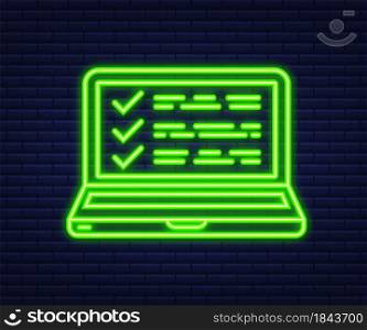 Online survey, checklist, questionnaire icon. Feedback business. Neon icon. Vector illustration. Online survey, checklist, questionnaire icon. Feedback business. Neon icon. Vector illustration.