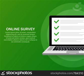 Online survey, checklist, questionnaire icon. Laptop, Computer screen. Feedback business concept. Vector stock illustration.