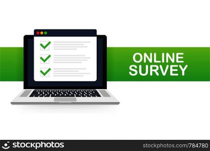 Online survey, checklist, questionnaire icon. Laptop, Computer screen. Feedback business concept. Vector stock illustration.