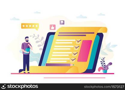 Online survey concept banner. Handsome male standing near laptop. Questionnaire on monitor screen. Technology internet internet quiz or survey. Trendy vector illustration