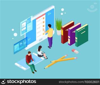 Online survey concept. Isometric people evaluate services on laptop, tablet and smartphone screens. Vector 3d people and gadgets. Illustration feedback survey online, customer rating review. Online survey concept. Isometric people evaluate services on laptop, tablet and smartphone screens. Vector 3d people and gadgets