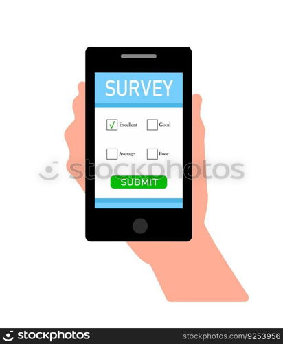 Online survey form on a smartphone with a pointing look. Customer feedback concept. Calculation illustration in flat style isolated on white background. Phone in hand rating feedback form.