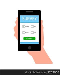 Online survey form on a smartphone with a pointing look. Customer feedback concept. Calculation illustration in flat style isolated on white background. Phone in hand rating feedback form.