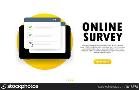 Online survey illustration. Check list online form on tablet. Report on website or web internet survey. Browser window with check marks. Vector on isolated white background. EPS 10.. Online survey illustration. Check list online form on tablet. Report on website or web internet survey. Browser window with check marks. Vector on isolated white background. EPS 10