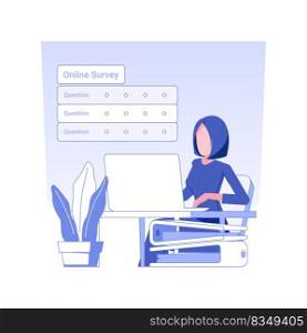 Online survey isolated concept vector illustration. Woman creating online questionnaire using laptop, business strategy, launching product process, market research and survey vector concept.. Online survey isolated concept vector illustration.