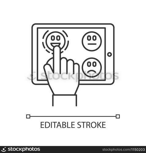 Online survey linear icon. Feedback. Hand picking emoticon on tablet display. Customer satisfaction level. Thin line illustration. Contour symbol. Vector isolated outline drawing. Editable stroke