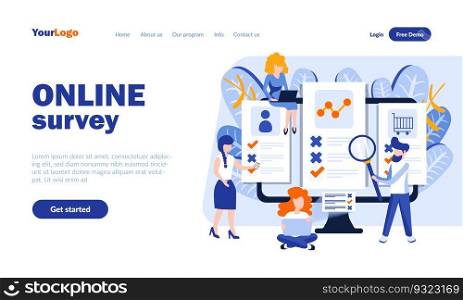 Online survey vector landing page template with header. Internet questionnaire web banner, homepage design with flat illustrations. Research participants cartoon characters. Questioning concept