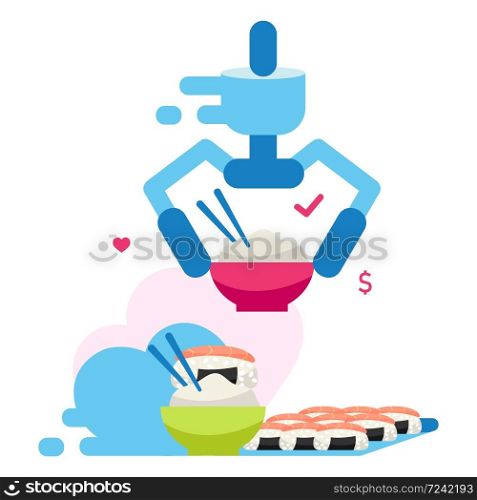 Online sushi delivery flat vector illustration.Traditional japanese food, seafood. Asian cuisine. Spring rolls, rolled appetizers. Bowl with white rice and chopsticks. Restaurant menu