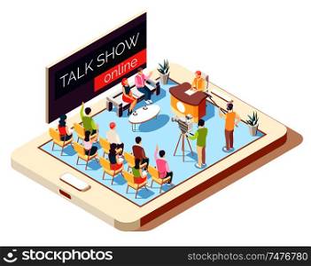 Online talk show isometric composition with host operators and guests in studio 3d vector illustration