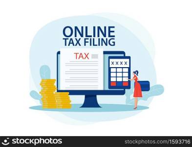 Online tax payment concept. woman paying taxes using a special form on the website of the tax service. Flat vector illustration
