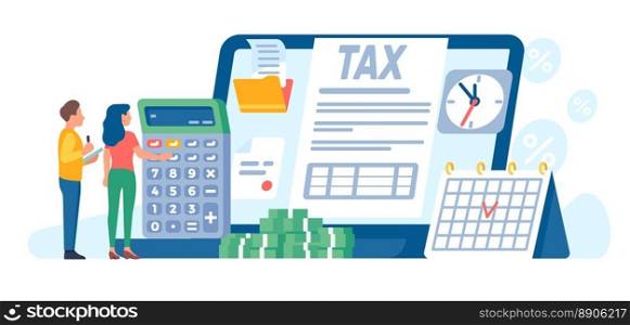Online tax payment. People filling out duty forms. Persons use internet web service for money pay. Computer financial account. Calculator and laptop. Banknotes heap. Credit deadline. Vector concept. Online tax payment. People filling out duty forms. Persons use internet service for money pay. Financial account. Calculator and laptop. Banknotes heap. Credit deadline. Vector concept