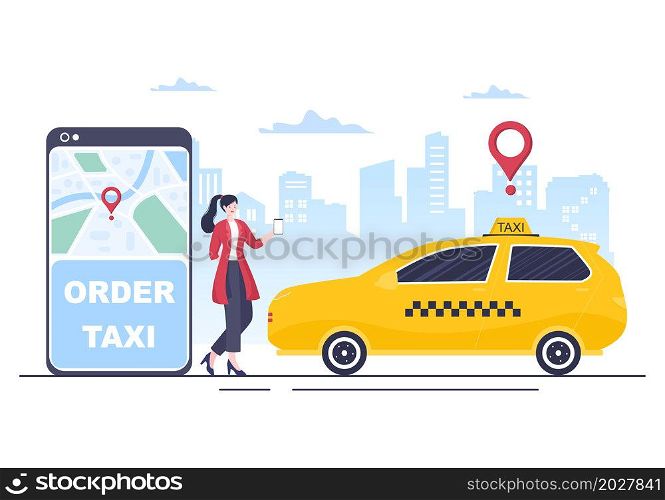 Online Taxi Booking Travel Service Flat Design Illustration via Mobile App on Smartphone Take Someone to a Destination Suitable for Background, Poster or Banner
