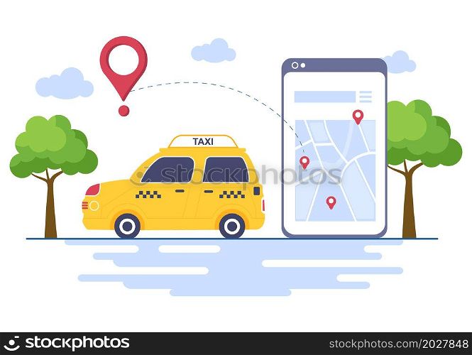 Online Taxi Booking Travel Service Flat Design Illustration via Mobile App on Smartphone Take Someone to a Destination Suitable for Background, Poster or Banner