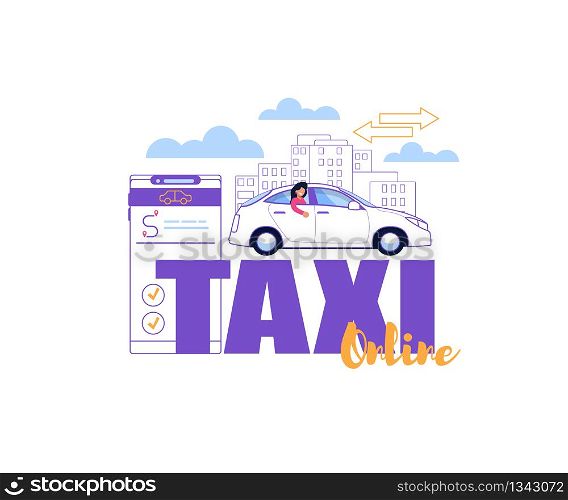 Online Taxi Driver Application. Vehicle Order Service Banner. Trendy Color Illustration of Car Pool with Smartphone App, Vehicle Route and Geo Location. Clean Line Flat Cityscape Design.. Online Taxi Driver Application. Order Service.
