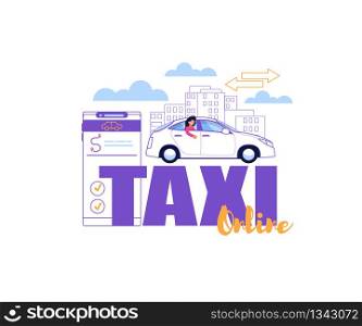 Online Taxi Driver Application. Vehicle Order Service Banner. Trendy Color Illustration of Car Pool with Smartphone App, Vehicle Route and Geo Location. Clean Line Flat Cityscape Design.. Online Taxi Driver Application. Order Service.