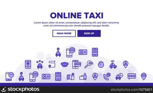 Online Taxi Landing Web Page Header Banner Template Vector. Smartphone With Gps Mark And Baggage, Card And Direction, Stopwatch And Taxi Car Illustration. Online Taxi Landing Header Vector