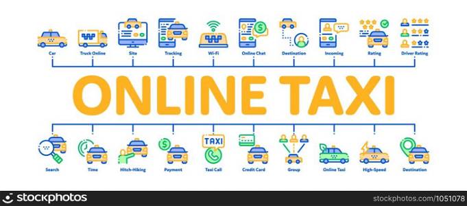 Online Taxi Minimal Infographic Web Banner Vector. Taxi Truck And Car, Mobile Application, Web Site And Human Silhouette Concept Linear Pictograms. Color Contour Illustrations. Online Taxi Minimal Infographic Banner Vector