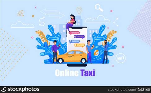 Online Taxi Order Service. Flat Mobile App. Yellow Car Illustration with People Chat at Smartphone Screen. Transport Book 24 Hour. Urban Cityscape Location with Line Memphis Element Design.. Online Taxi Service. Flat Mobile App. Yellow Car