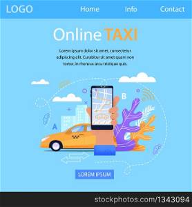Online Taxi Service Square Banner. Mobile Application. Yellow Car in Cityscape Town Silhouette. Hand with Smartphone and Route, Navigation Positioning on Screen. Landing Page Template.. Online Taxi Square Banner. Mobile Application.