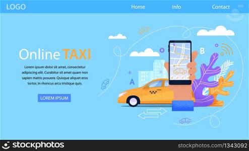 Online Taxi Service. Yellow Cab Flat Illustration. Outline Design Landing Page for Car Booking Advertising. Horizontal Smartphone App Concept for Urban Transport Booking and Order.. Online Taxi Service. Yellow Cab Flat Illustration.