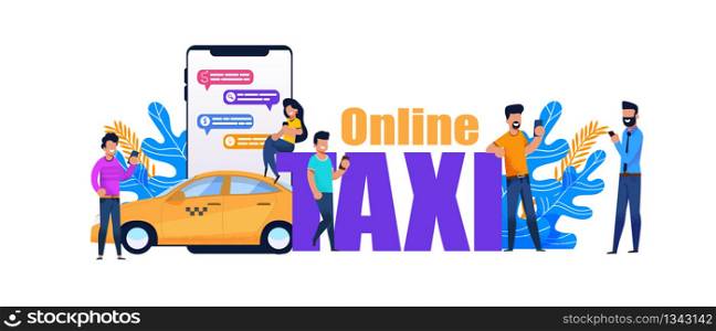 Online Taxi Smartphone Book. Yellow City Transport Service. Vector Banner of Public Transportation Concept. Flat People Character Chat in Application. Automobile Rent for Travel via Internet.. Online Taxi Smartphone Book. Yellow City Transport