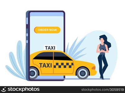 Online taxi. Woman calls automobile through application in smartphone, phone screen and girl ordering yellow car, flat vector cartoon isolated on white concept. Online taxi. Woman calls automobile through application in smartphone, phone screen and girl ordering yellow car, flat vector cartoon concept