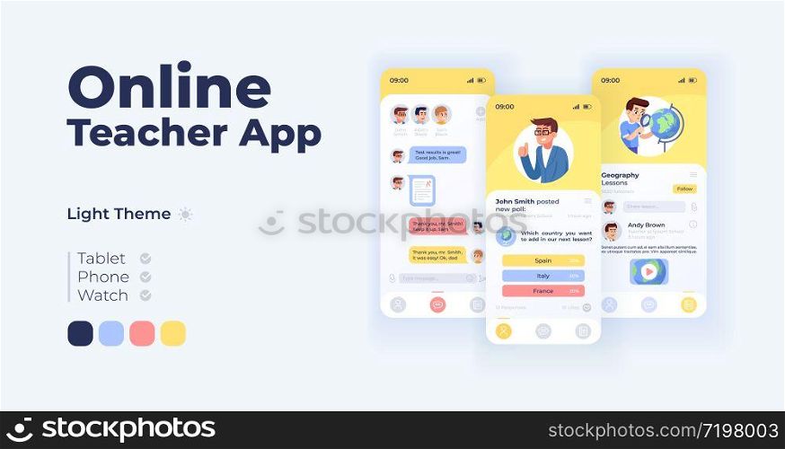 Online teacher app cartoon smartphone interface vector templates set. Mobile app screen page day mode design. Latest posts and lesson updates UI for application. Phone display with flat character