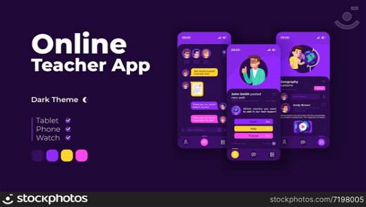 Online teacher app cartoon smartphone interface vector templates set. Mobile app screen page night mode design. User profile, posts and chat UI for application. Phone display with flat character