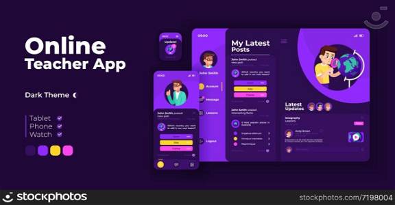 Online teacher app screen vector adaptive design template. Remote education, e learning application night mode interface with flat character. Tutor account smartphone, tablet, smart watch cartoon UI