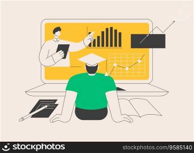 Online teaching abstract concept vector illustration. Share knowledge, digital tablet, distance webinar, video online course, wireless headphones, tutor on laptop, elearning abstract metaphor.. Online teaching abstract concept vector illustration.