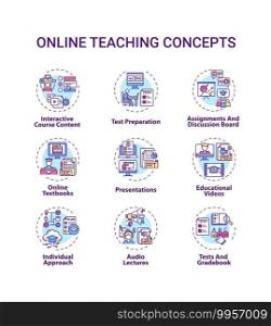 Online teaching concept icons set. Interactive course content. Online learning textbooks and presentations idea thin line RGB color illustrations. Vector isolated outline drawings. Editable stroke. Online teaching concept icons set