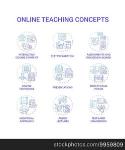 Online teaching concept icons set. Interactive course content. Online learning textbooks and presentations for your growth idea thin line RGB color illustrations. Vector isolated outline drawings. Online teaching concept icons set