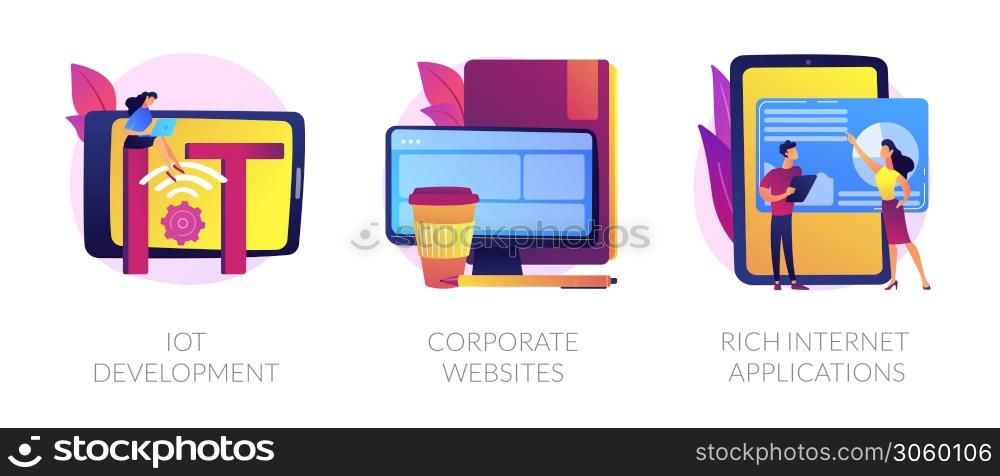 Online technologies icons set. Smart network, company site, successful app. IoT development, corporate websites, rich Internet applications metaphors. Vector isolated concept metaphor illustrations. IT technologies vector concept metaphors