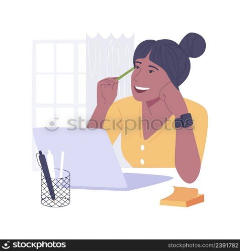 Online test isolated cartoon vector illustrations. Girl thinking when passing online test, looking at computer screen, distance learning, virtual education during quarantine vector cartoon.. Online test isolated cartoon vector illustrations.