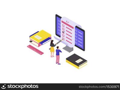 Online test isometric color vector illustration. Examination, homework, questionnaire form infographic. Students completing exam. E learning, classes, courses 3d concept. Online graduate school. Online test isometric color vector illustration
