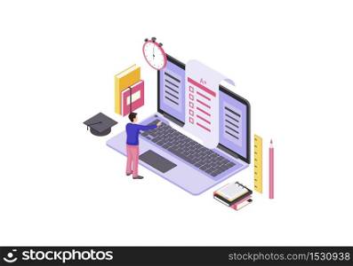 Online test isometric color vector illustration. Student examination, homework infographic. Computer display with exam forms. E learning 3d concept. Online graduate school. Isolated design element. Online test isometric color vector illustration