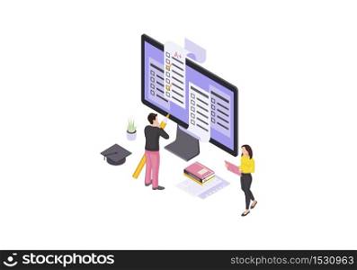 Online test isometric color vector illustration. Student examination, homework, questionnaire infographic. Computer display with exam forms. E learning 3d isolated concept. Online graduate school. Online test isometric color vector illustration