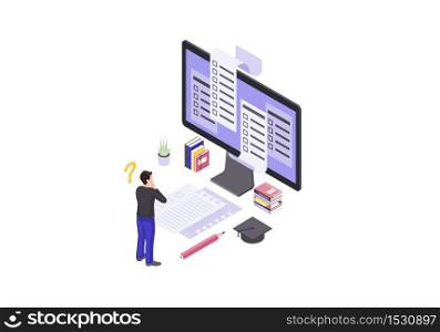 Online test isometric color vector illustration. Student examination infographic. Computer display with exam blanks, forms. E learning 3d concept. Remote, distance education. Isolated design element. Online test isometric color vector illustration