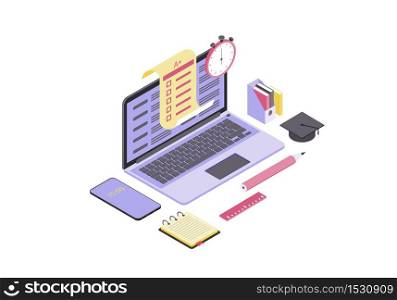Online test isometric color vector illustration. Student examination, knowledge check infographic. Computer display with exam forms. Language proficiency test isolated 3d concept. Distance education. Online test isometric color vector illustration
